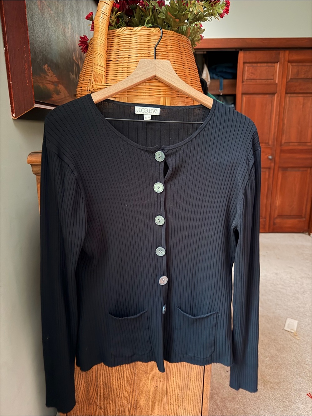 J. Crew Black Ribbed Button-Front Top